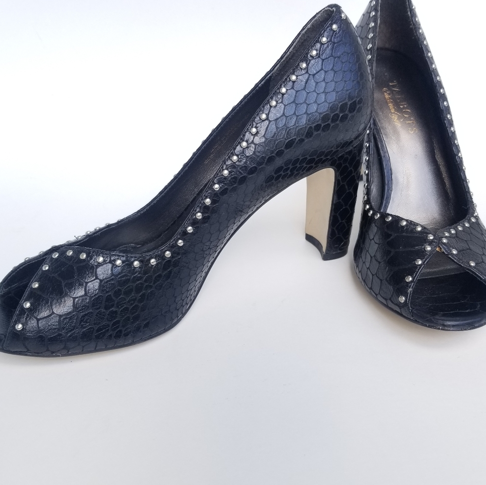 Talbots Black Textured Open Toe Heels, Size 8b - image 2